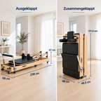 Pilates Base FLEX: ausgeklappt 238 × 68 × 57 cm, zusammengeklappt 68 × 46,5 × 121,5 cm.