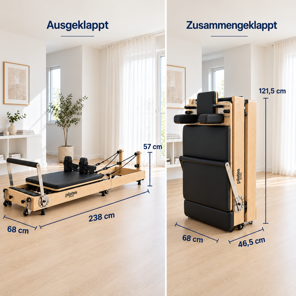 Pilates Base FLEX: ausgeklappt 238 × 68 × 57 cm, zusammengeklappt 68 × 46,5 × 121,5 cm.
